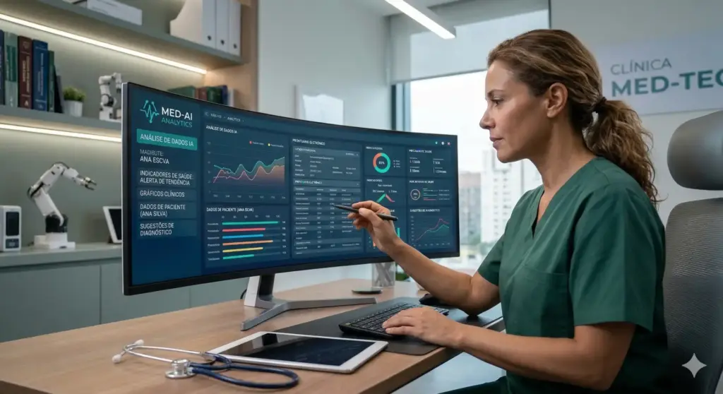 Profissional de saúde analisando dados em computador na clínica Méd-Tech, ilustrando o uso de inteligência artificial na medicina e em diagnósticos médicos.