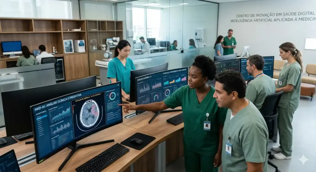 Equipe de profissionais de saúde analisando dados de inteligência artificial na medicina digital em centro de inovação em saúde