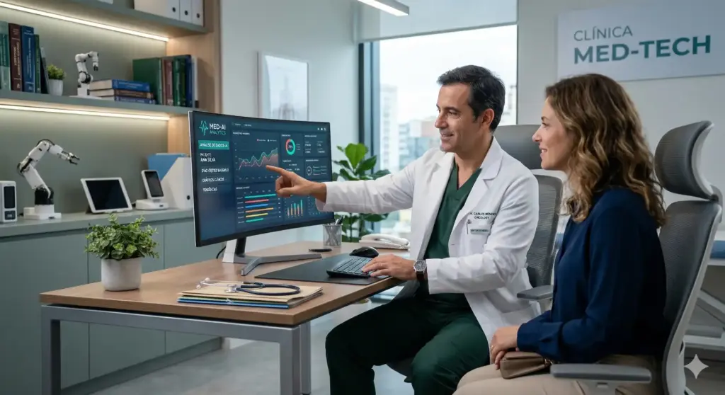 Profissional de medicina apresentando dados de inteligência artificial na medicina durante uma consulta na clínica Med-Tech, destacando avanços tecnológicos usados na área da saúde.