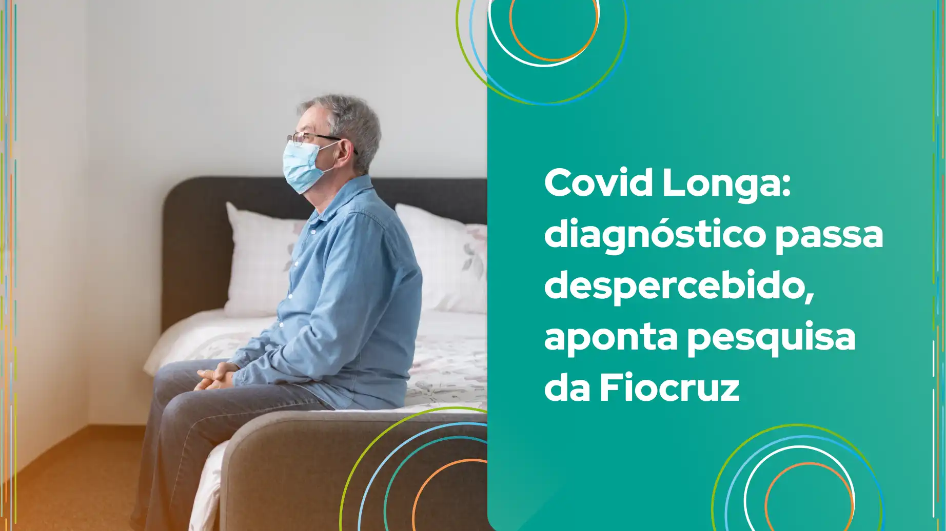 Homem usando máscara sentado em uma cama refletindo sobre o diagnóstico da Covid Longa, conforme pesquisa da Fiocruz. Importância do reconhecimento do problema.