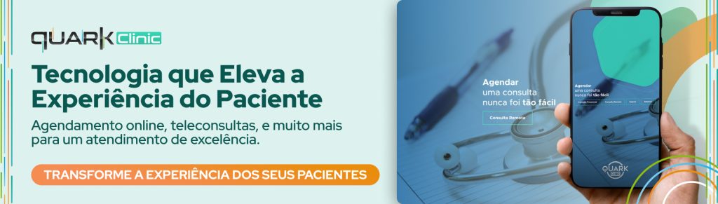 Imagem anunciando a Quark Clinic, destacando tecnologia para agendamento online e teleconsultas, proporcionando uma excelente experiência ao paciente.