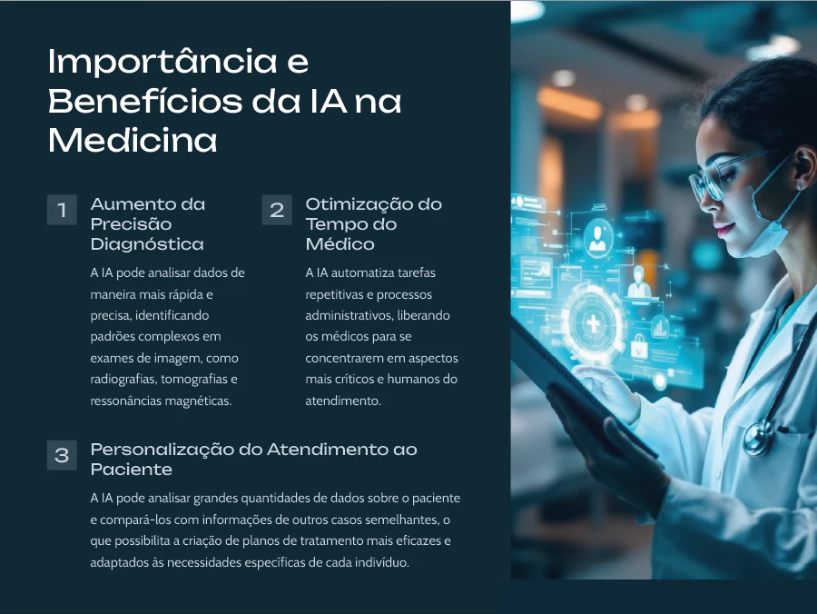 Imagem ilustrativa destacando a importância e benefícios da IA na medicina, como precisão diagnóstica e otimização do tempo do médico.