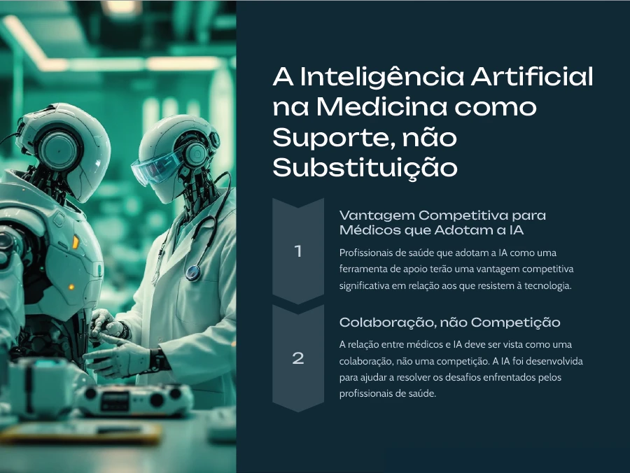 Imagem ilustrativa da Inteligência Artificial na Medicina destacando seu papel como suporte e não substituição, com robôs interagindo com profissionais de saúde.