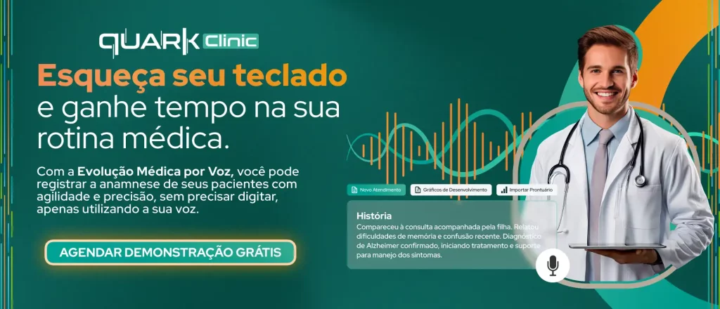 Imagem mostrando um médico sorridente, destacando a Evolução Médica por Voz, que facilita a rotina médica ao registrar anamnese sem digitação, utilizando comandos de voz.