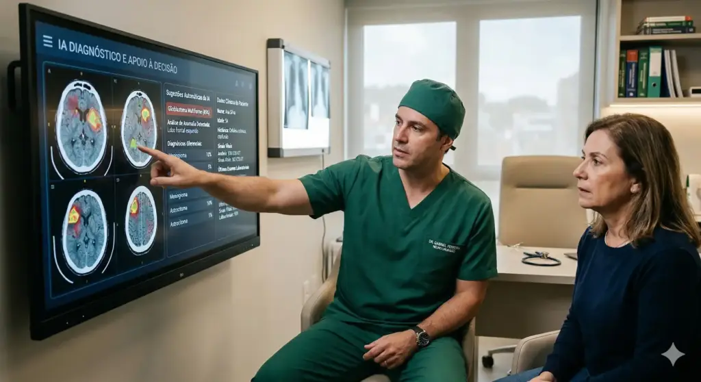 Médico explicando o uso da inteligência artificial na medicina, analisando imagens de diagnósticos em uma tela interativa durante uma consulta médica.