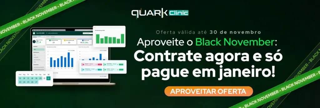 Promoção Black November do Quark Clinic com ofertas para contratar serviços em janeiro, validade até 30 de novembro, destaque para gráficos e software de análise de dados.