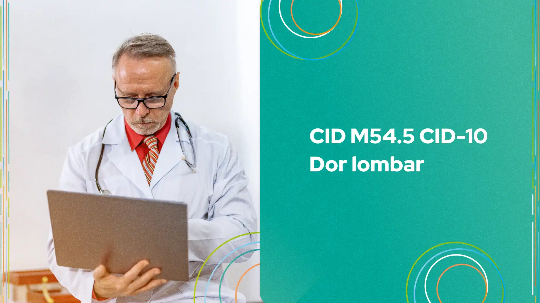 Médico analisando informações médicas relacionadas a CID M54.5 CID-10, dor lombar, em ambiente clínico.