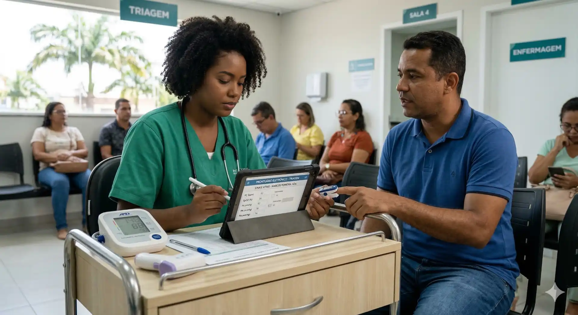 Paciente com CID J45 - Asma, em consulta médica, sentado na sala de espera de uma clínica ou hospital, com profissionais de saúde e outros pacientes ao fundo.
