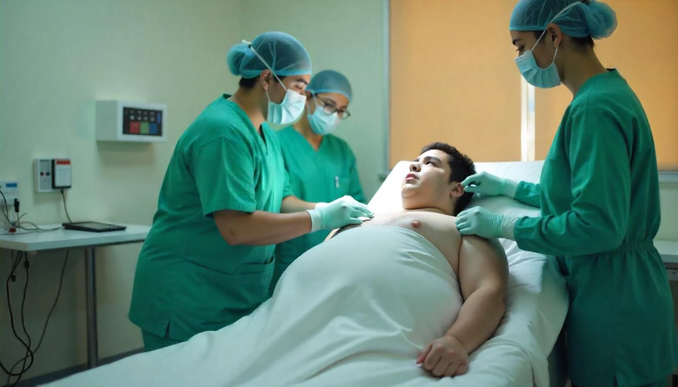 Equipe médica realizando procedimento cirúrgico em paciente em ambiente hospitalar, com foco na atenção aos cuidados e segurança do paciente.