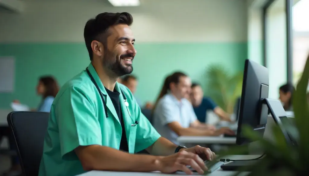 Profissional de saúde analisando dados relacionados ao CID E11 - Diabetes mellitus em ambiente clínico com outros funcionários ao fundo.