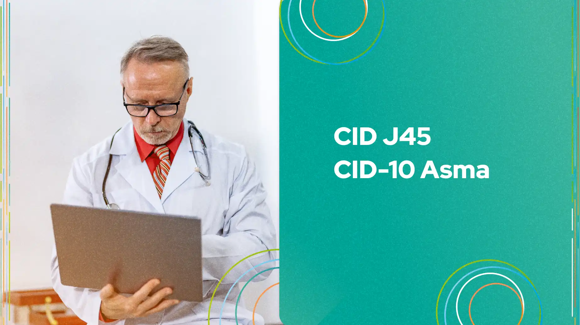 Imagem de um profissional de saúde analisando informações sobre CID J45 e CID-10 Asma, relacionada a diagnósticos médicos e tratamentos.