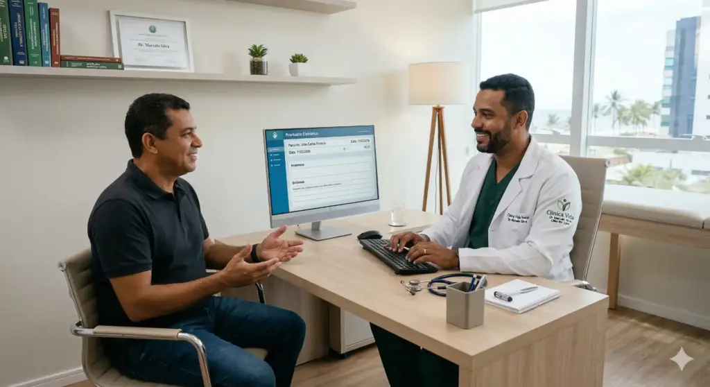 Consulta médica com foco em CID F43 - Reações ao estresse grave e transtornos de adaptação, com médico atendendo paciente em consultório moderno.