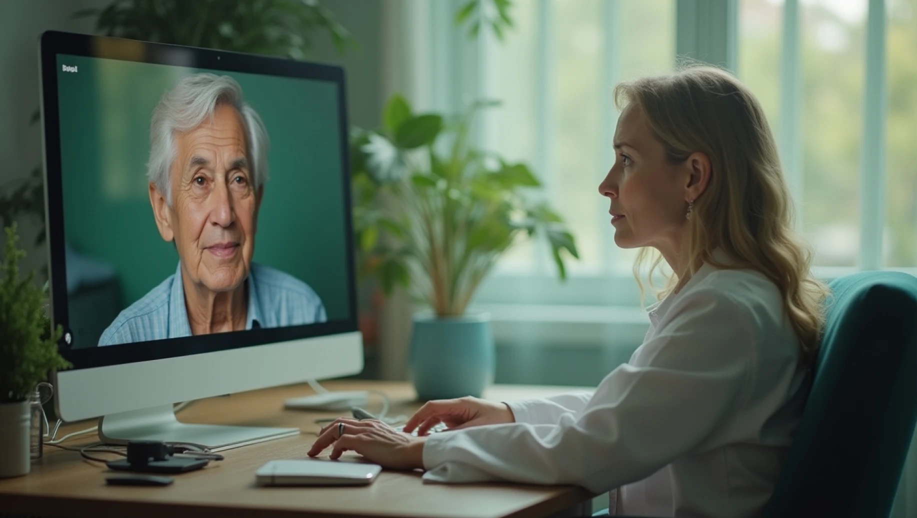 Mulher participando de uma consulta médica online sobre levantamento de peso, com uma tela de computador mostrando uma médica idosa, em ambiente confortável e bem iluminado.