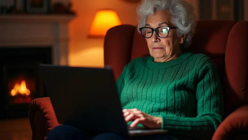 Idosa usando computador em ambiente aconchegante para consultas de médico online, com iluminação quente ao fundo.