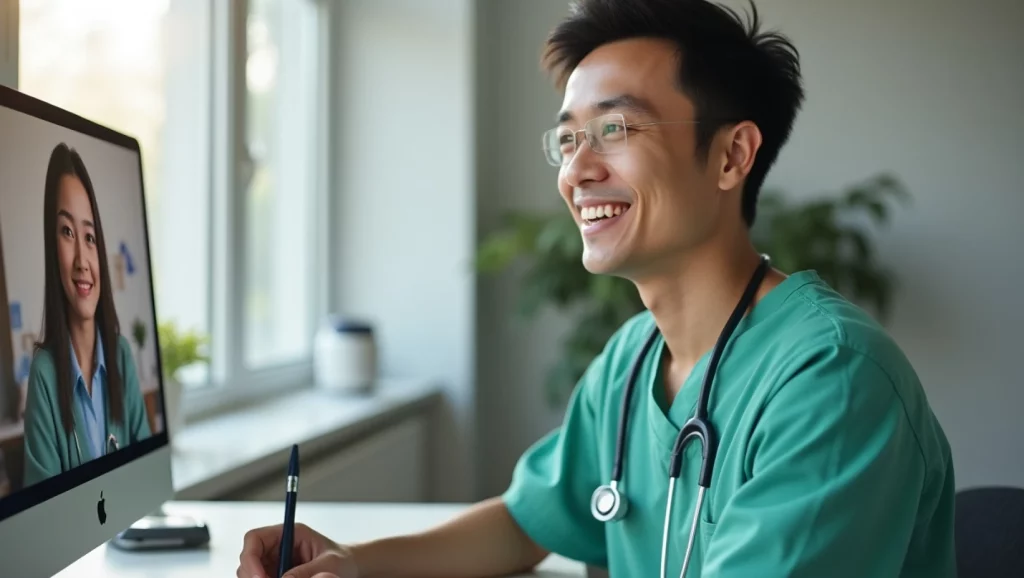Médico online atendendo paciente por videoconferência, no conforto de casa ou escritório, promovendo saúde e bem-estar com atendimento remoto.