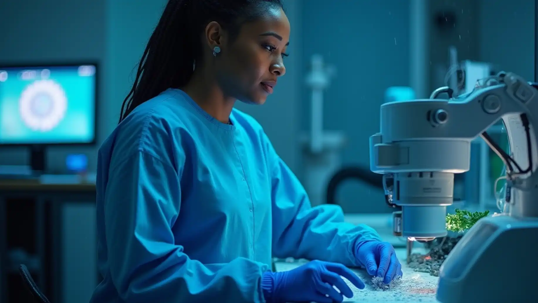 Pesquisadora em laboratório realizando estudos sobre câncer, com foco em tratamentos e avanços científicos na luta contra a doença.