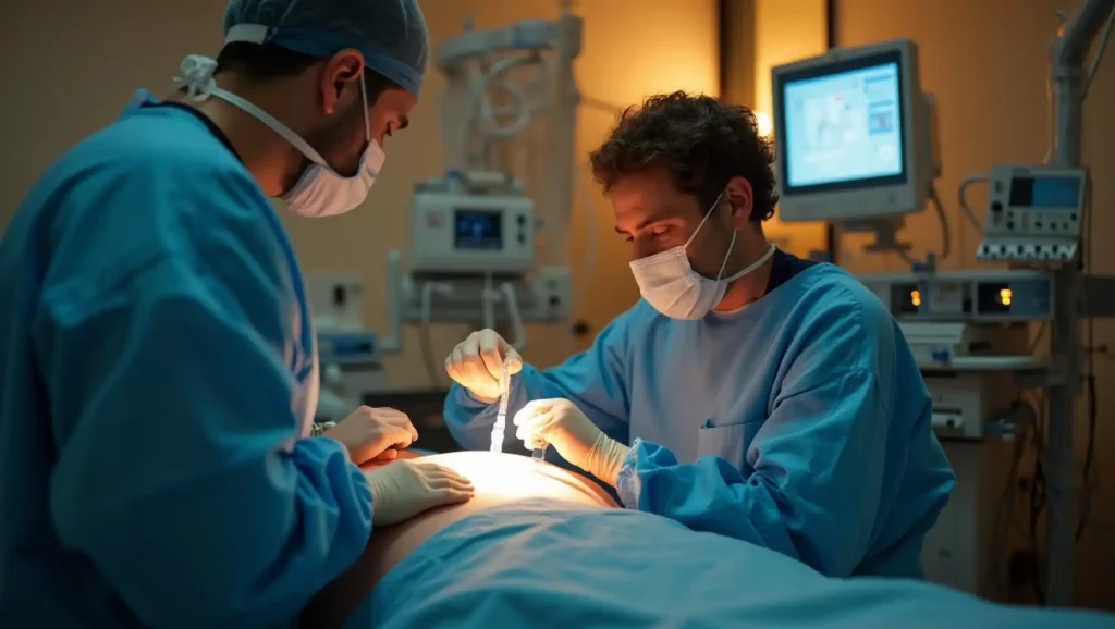 Equipe de cirurgiões realizando procedimento cirúrgico com foco em anestesia, em ambiente hospitalar equipado com tecnologia moderna.