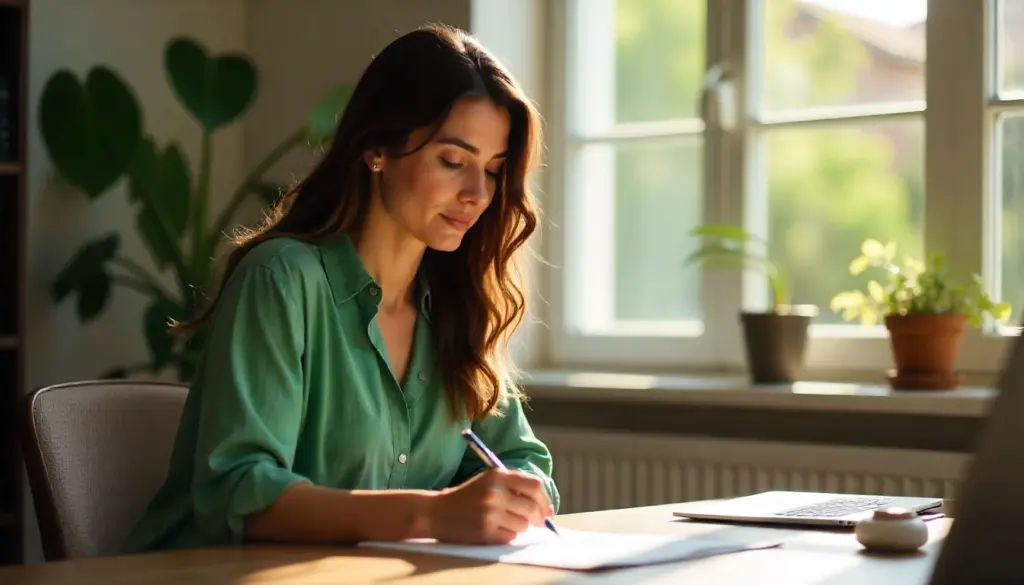 Mulher realizando anamnese psicológica durante uma consulta, anotando informações importantes no papel com atenção e cuidado.