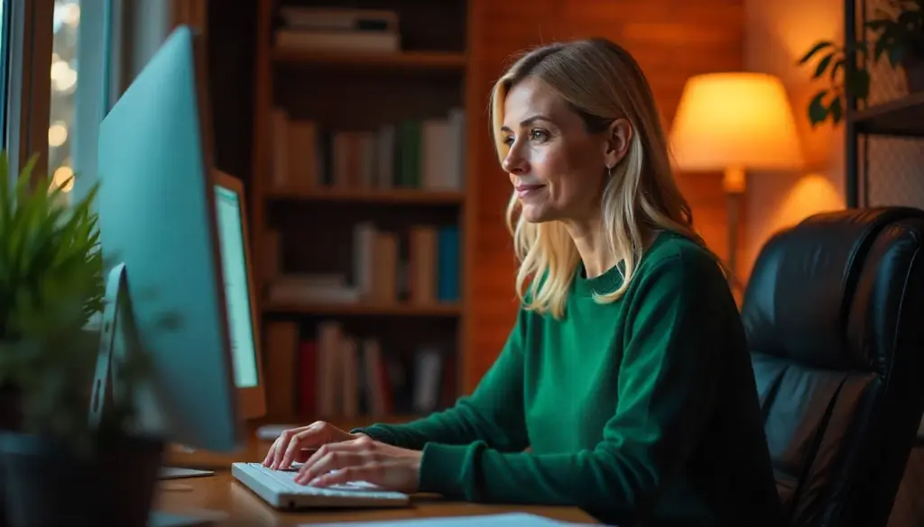Profissional realizando anamnese psicológica com paciente em consulta online, ambiente acolhedor com iluminação quente e decoração confortável.