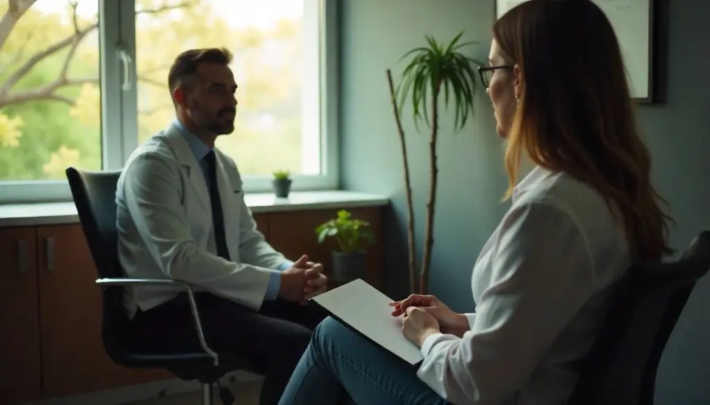Profissional de saúde realizando uma anamnese psicológica com paciente durante consulta em consultório moderno com luz natural e plantas ao fundo.
