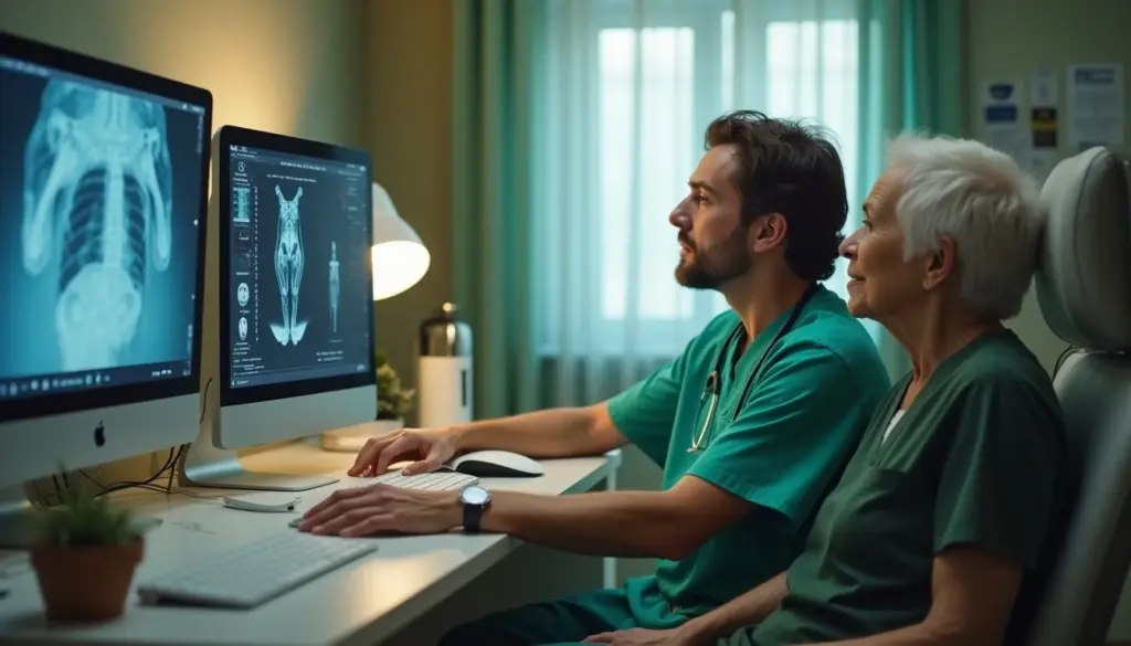 Clínico geral analisando exames de ressonância magnética em consultório médico, destacando a importância do diagnóstico preciso para cuidados de saúde adequados.