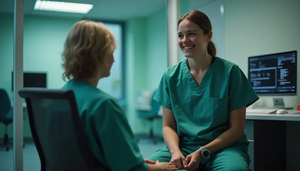Profissional de saúde em consultório médico conversando com paciente, simbolizando atendimento de clínico geral em ambiente hospitalar ou clínica.