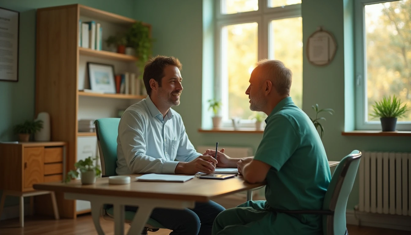 Consulta médica entre um clínico geral e seu paciente em um ambiente acolhedor e bem iluminado, destacando o atendimento humanizado e a importância do cuidado à saúde.