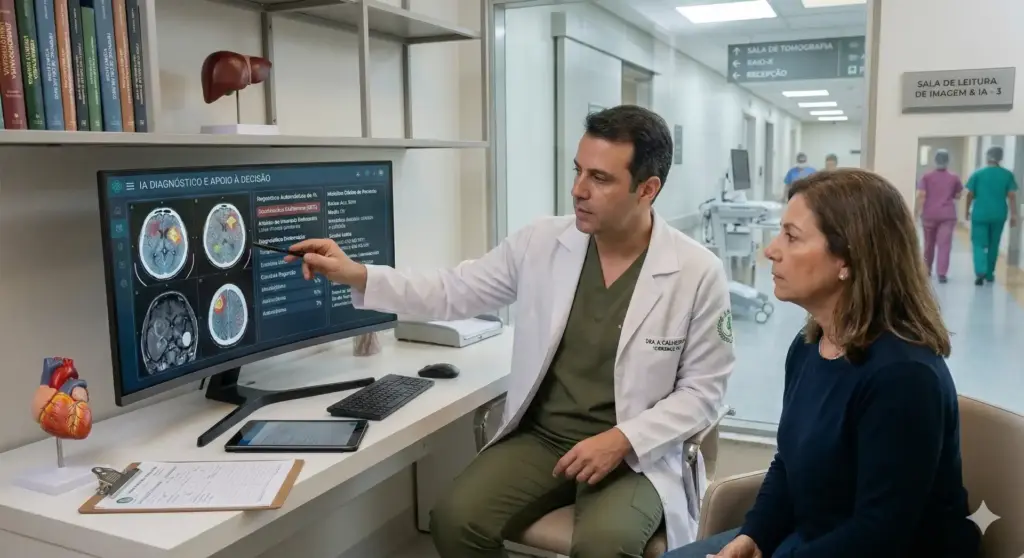 Médico explicando resultados de exames de imagem para uma paciente no hospital, demonstrando como a inteligência artificial tem revolucionado a saúde com diagnósticos precisos.