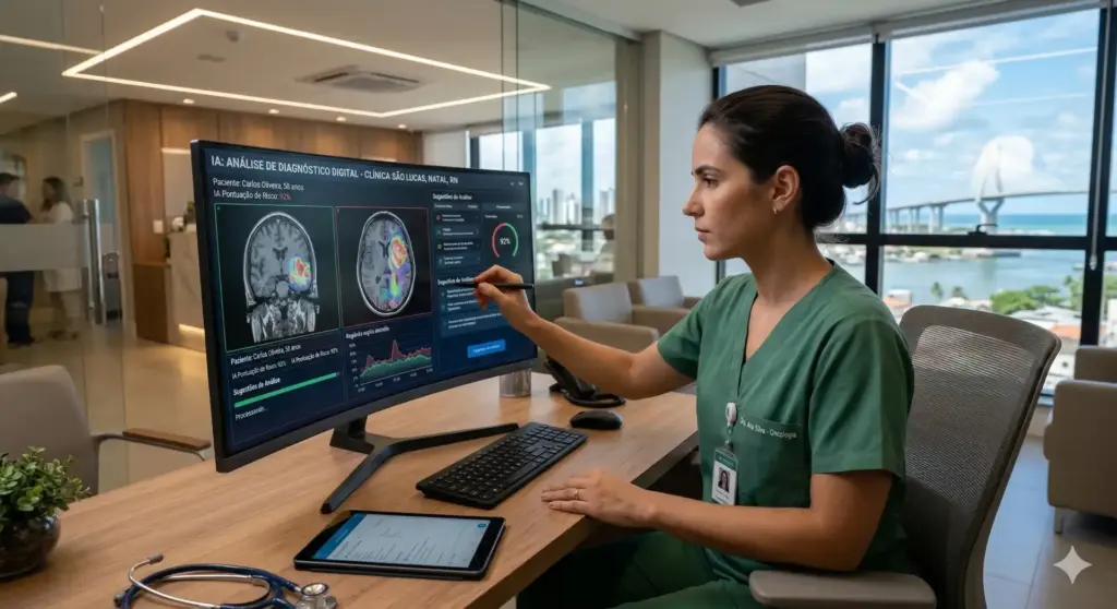 Profissional de saúde utilizando inteligência artificial para análise de diagnósticos digitais em consultório moderno com vista para a cidade