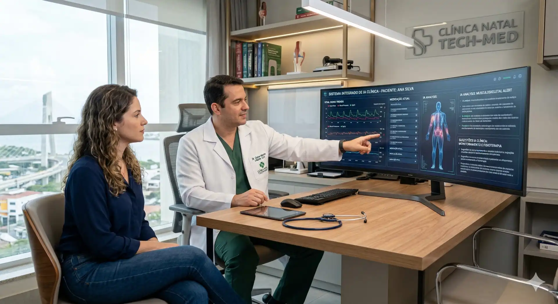 Médico explica para uma paciente sobre tecnologias de inteligência artificial na saúde em um consultório moderno, destacando avanços na medicina.