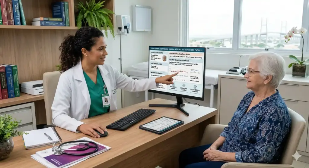 Profissional de saúde explicando dados em uma tela de computador para uma paciente idosa, ilustrando a revolução da inteligência artificial na área da saúde.