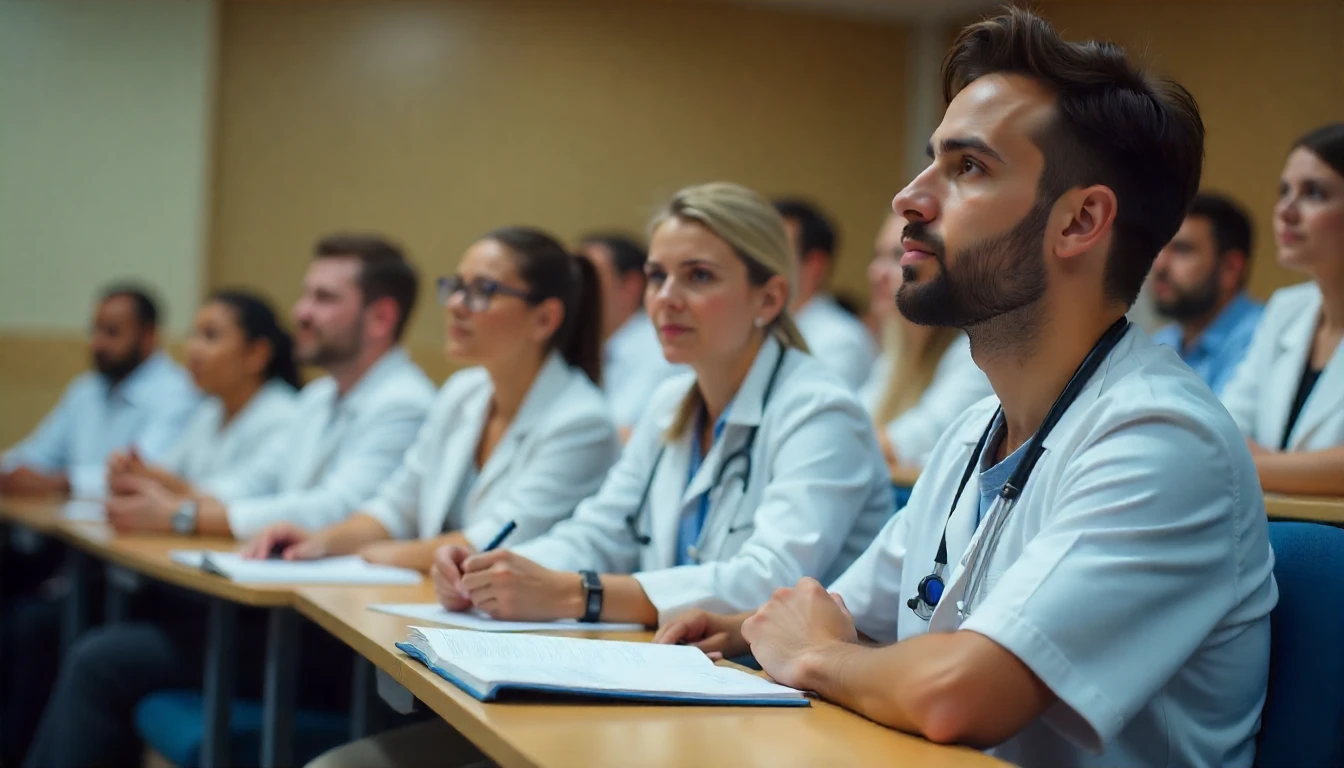 Profissionais de saúde em treinamento participando de um exame de proficiência em uma sala de aula.