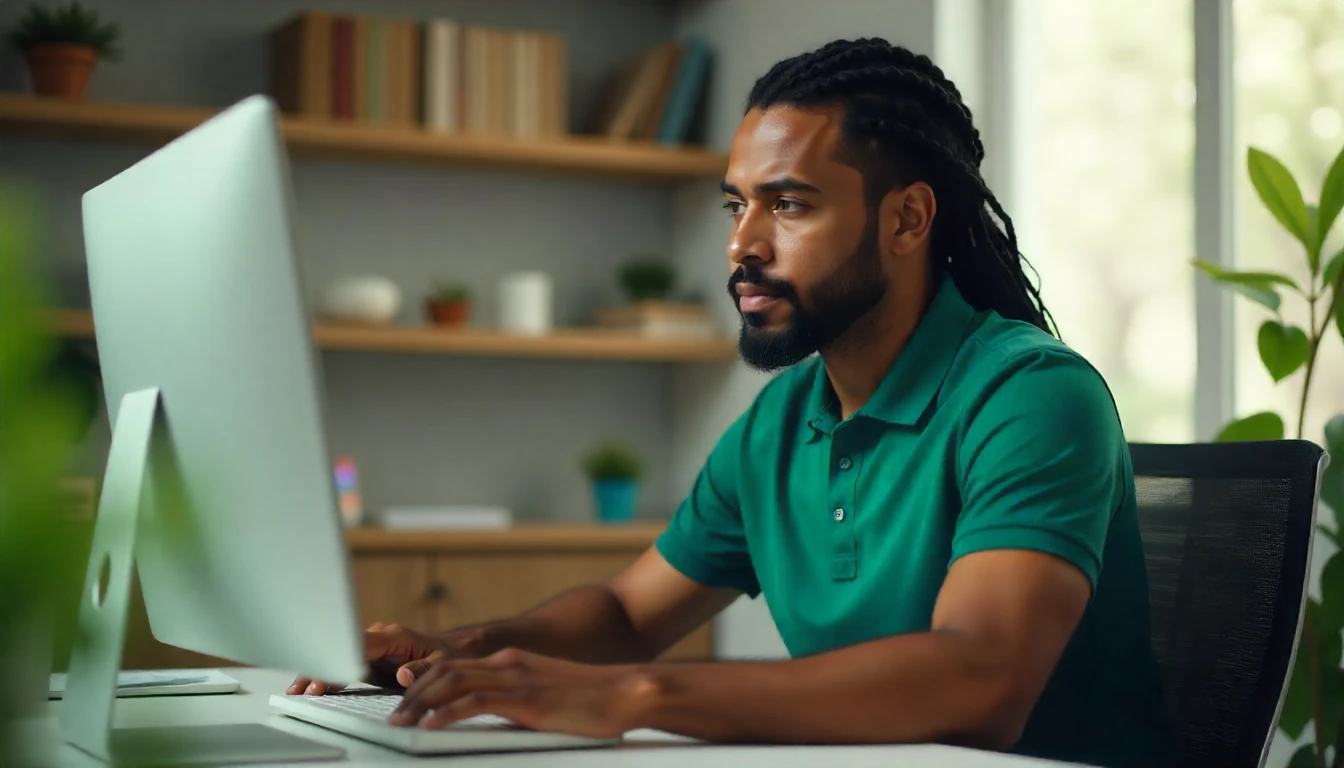 Homem de cabelo trançado e barba, sentado em frente a um computador no escritório, com plantas ao fundo, ilustrando um diagnóstico de CID F32 relacionado à depressão.