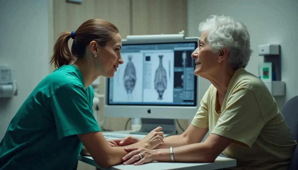 Médica conversando com uma paciente idosa em consultório, monitorando radiografia e exames de saúde, ilustrando atendimento de clínico geral.