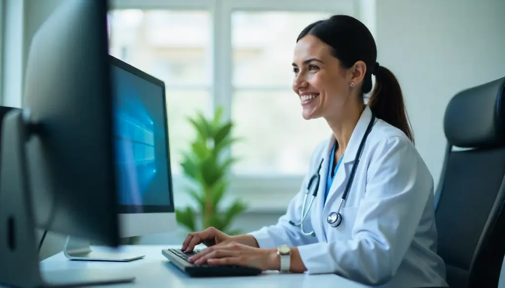 Médica sorridente em ambiente clínico digitando no computador, representando processo de registro médico e atualização de prontuários.