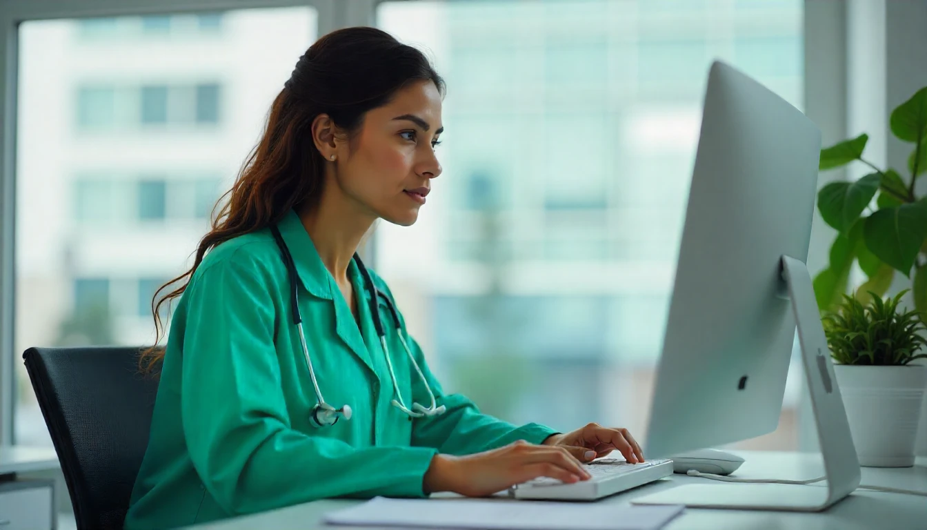 Médica trabalhando em computador para o CID N23, tema relacionado à classificação de doenças no sistema de saúde.