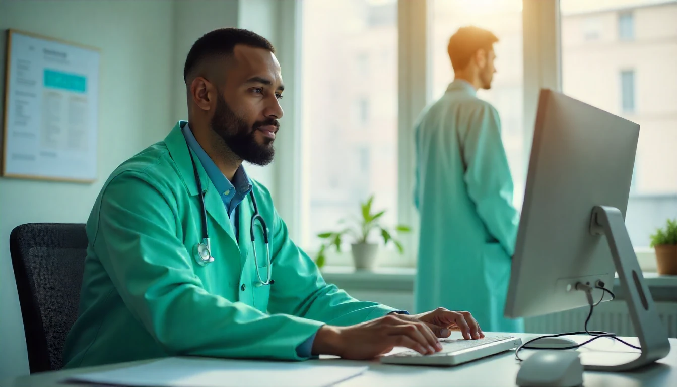 Médico em consultório hospitalar com foco em diagnóstico de transtorno de desenvolvimento, relacionado ao CID F80, usando computador e com outro profissional ao fundo.