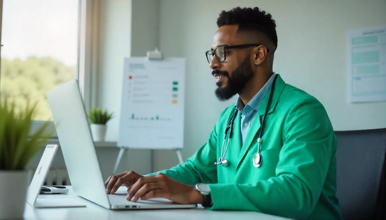 Médico sorridente usando jaleco verde, trabalhando em um computador, com ambiente de clínica ou hospital ao fundo, relacionado a CID S93