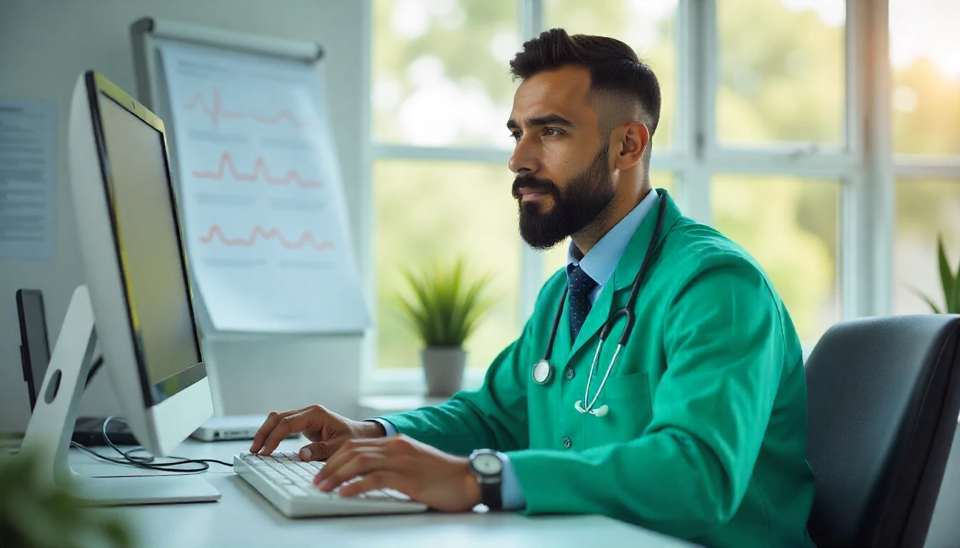 Médico em consultório analisando dados de exames relacionados à CID M54 Dorsalgia para diagnóstico e tratamento de dor nas costas.