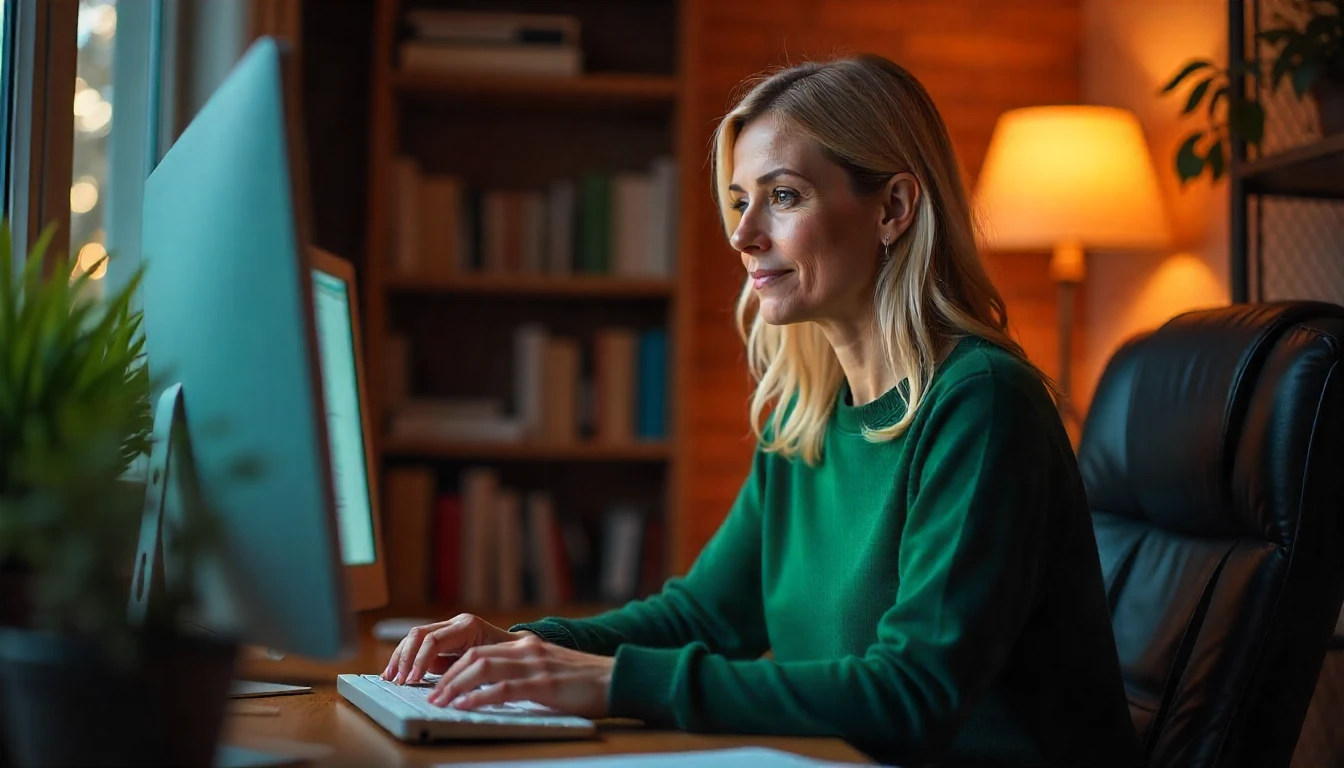 Mulher sentada em frente ao computador estudando ou trabalhando, com iluminação aconchegante e ambiente de leitura ao fundo, relacionado ao CID J03.