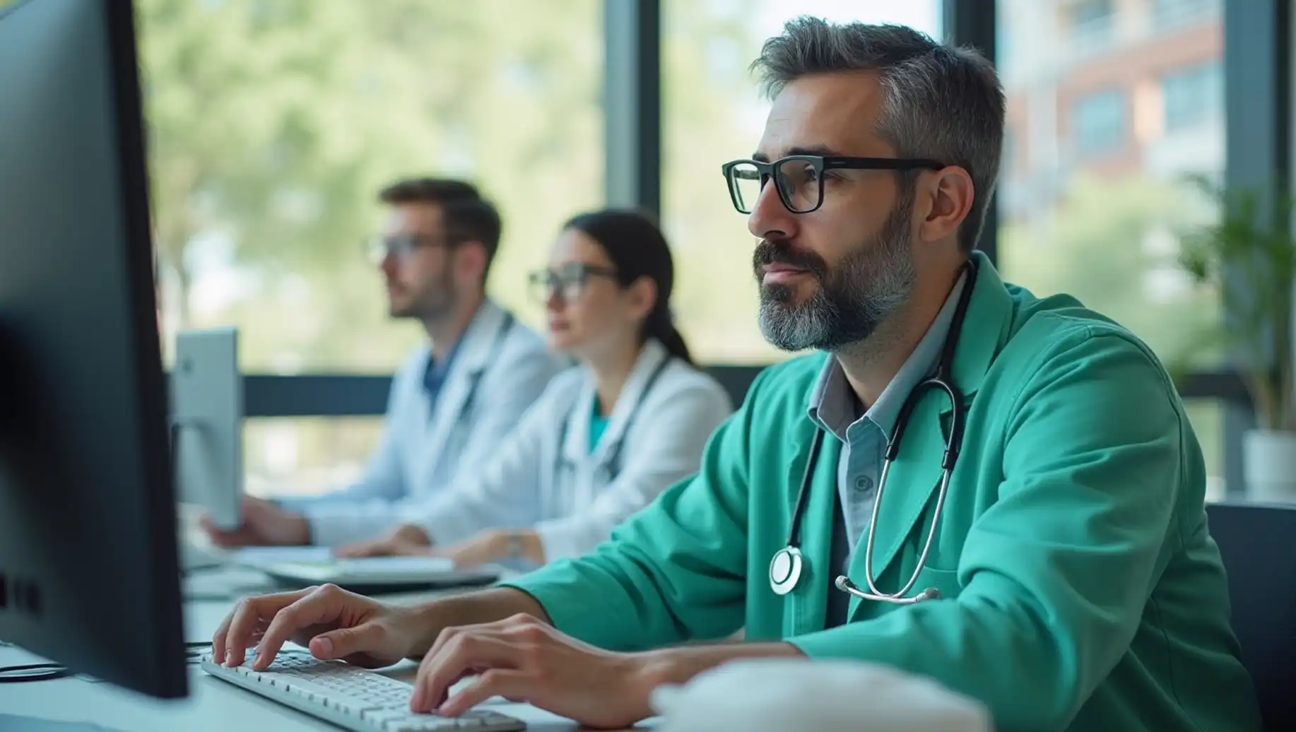Profissional da área da saúde analisando resultados relacionados ao CID J44 em ambiente de consultório ou hospital, com colegas ao fundo.