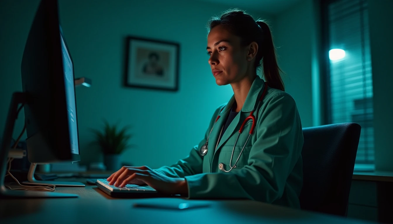 Profissional de saúde médica analisando diagnóstico relacionado ao CID R53 no computador, em ambiente clínico silencioso e moderno.