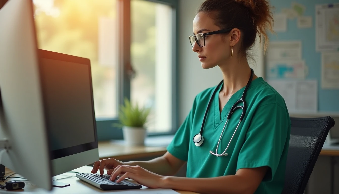 Profissional de saúde feminina usando jaleco verde, glasses e estetoscópio, sentado em um escritório com computador, procura informações médicas.