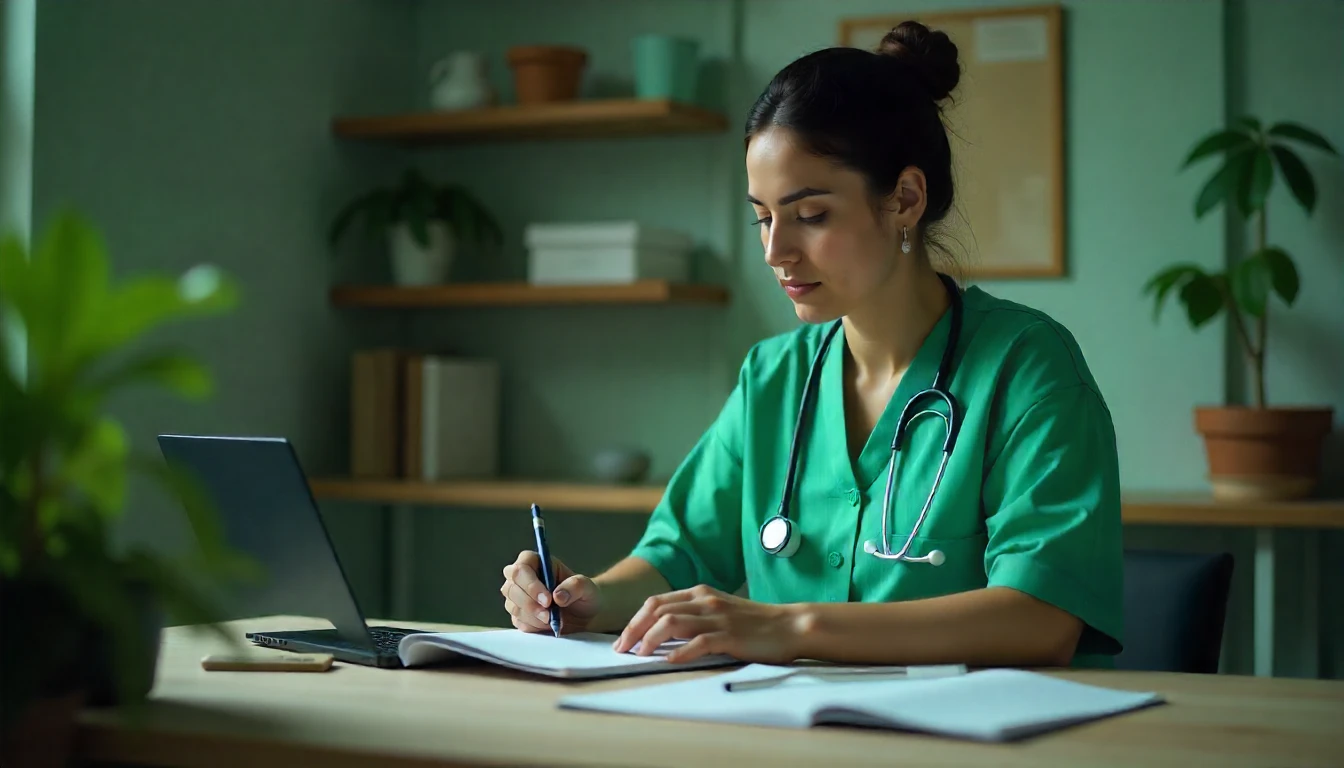 Profissional de saúde preenchendo um registro médico em ambiente clínico, com laptop, caderno e documentos, simbolizando cuidado e atenção na gestão de prontuários.