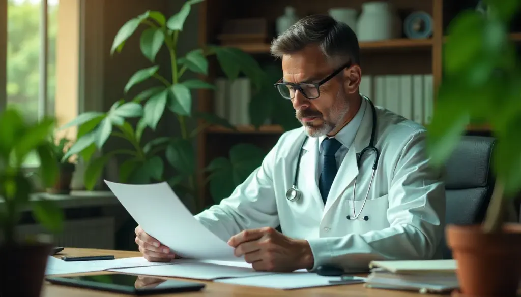 Médico analisando documento de registro médico em escritório, com plantas ao fundo, conceito de saúde e documentação médica.
