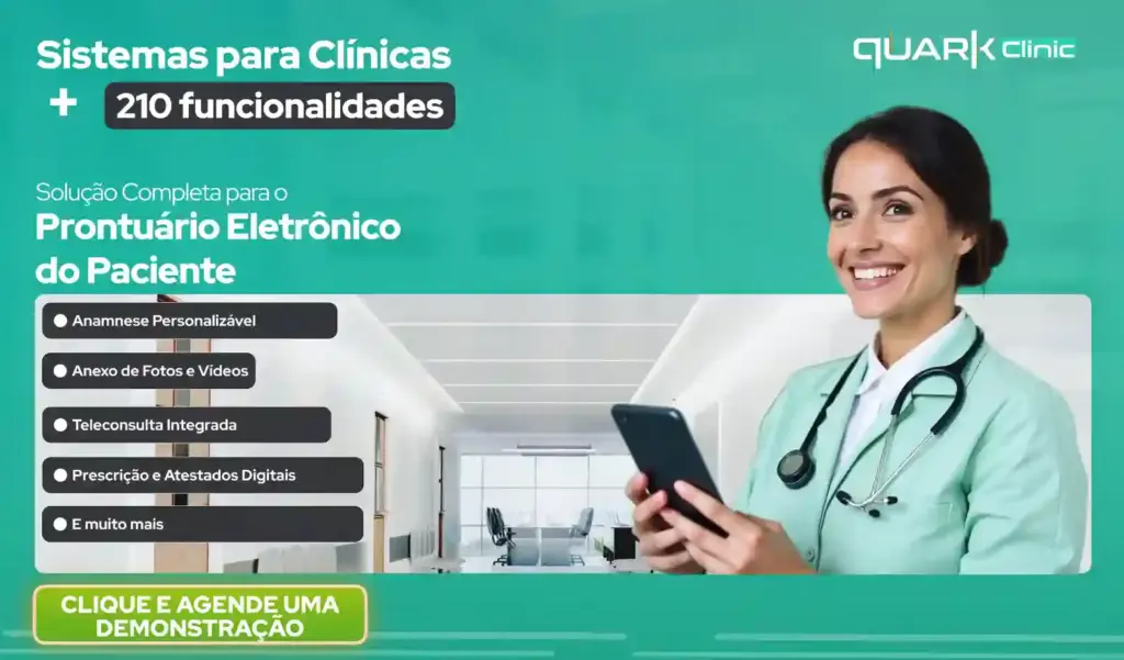 Profissional de saúde usando smartphone em clínica, promovendo sistemas para clínicas com funcionalidades completas, incluindo prontuário eletrônico, teleconsultas e assinatura digital.