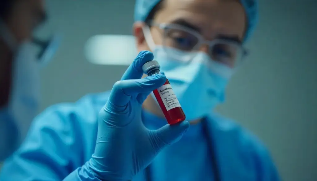 Profissional de saúde com jaleco azul, máscara e luvas médicas segurando uma ampola de vacina durante campanha de conscientização sobre o Novembro Azul para a saúde masculina.