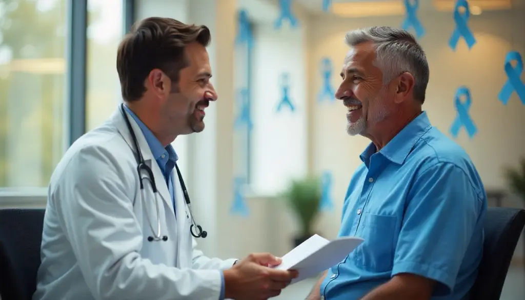 Médico conversando com um paciente em consultório, promovendo conscientização sobre o Novembro Azul, campanha de combate ao câncer de próstata e saúde masculina.