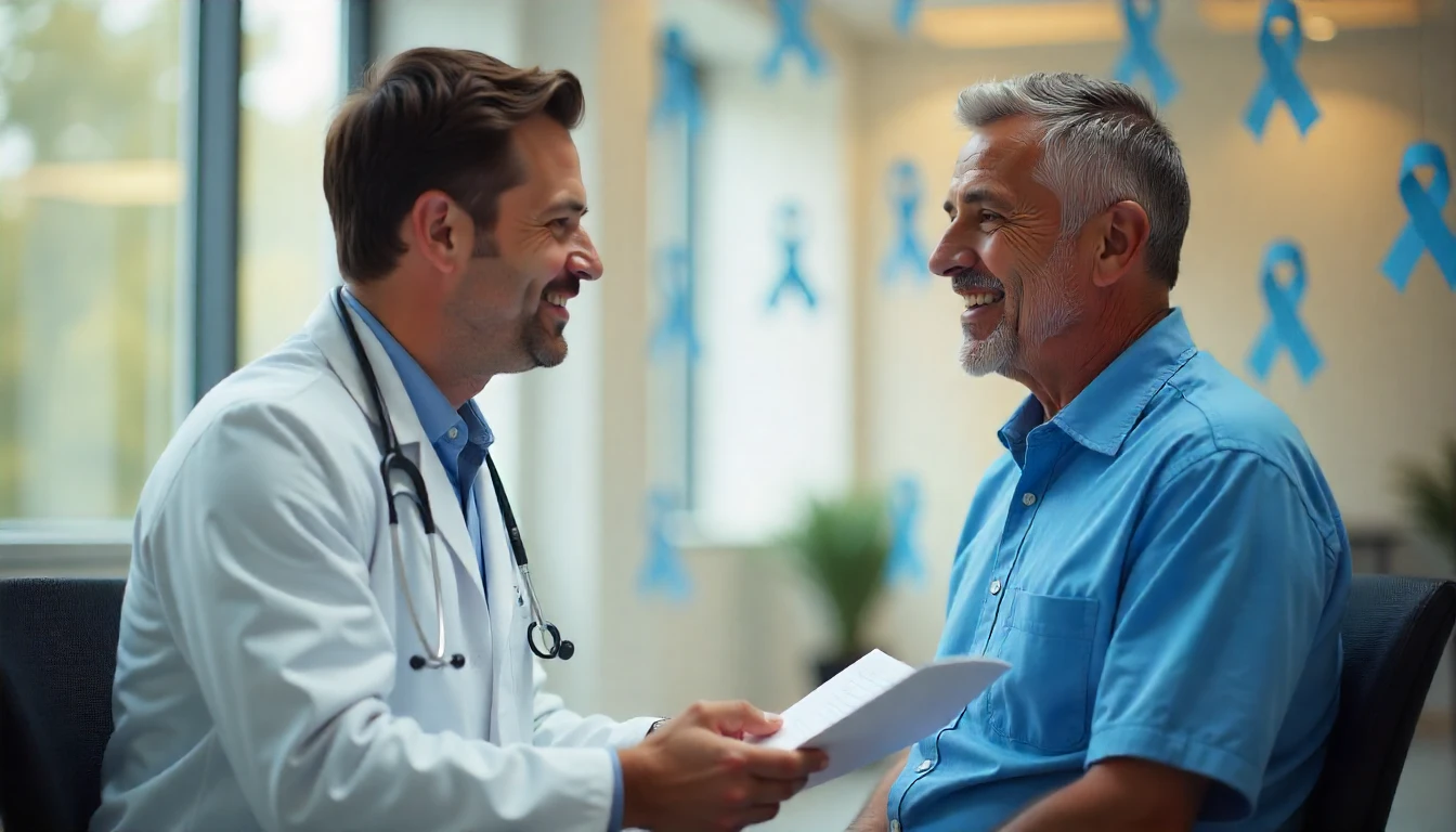 Médico conversando com um paciente em consultório, promovendo conscientização sobre o Novembro Azul, campanha de combate ao câncer de próstata e saúde masculina.