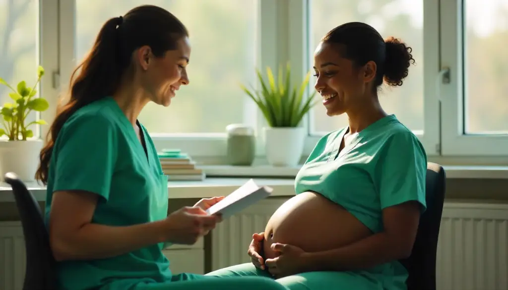 Médica realizando consulta de rotina com uma gestante, focada na tabela gestacional, mostrando o desenvolvimento do bebê durante a gravidez.
